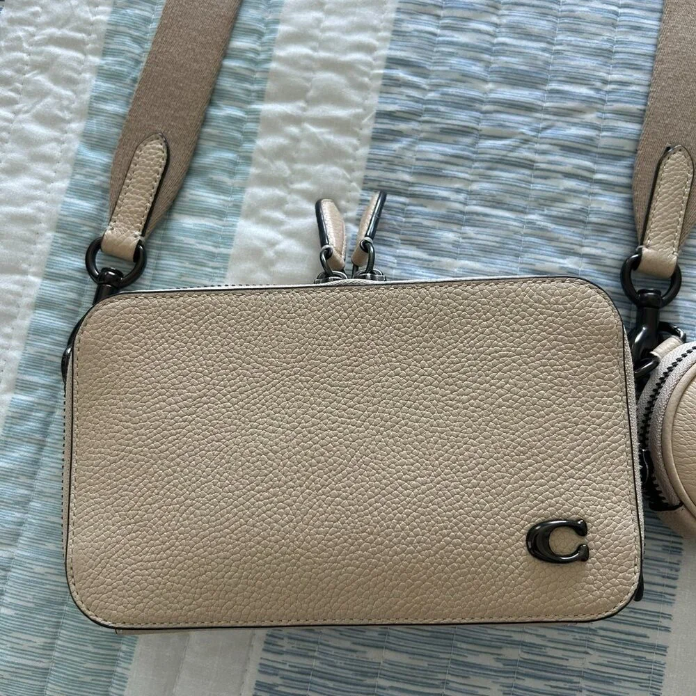 Coach Beige Pebbled Leather Crossbody with Coin Pouch